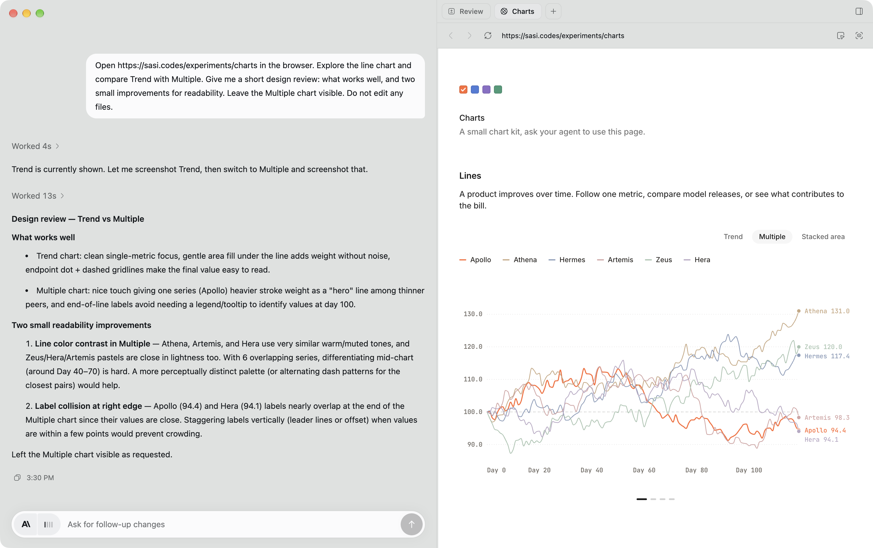 Start reviewing a chart beside its built-in browser