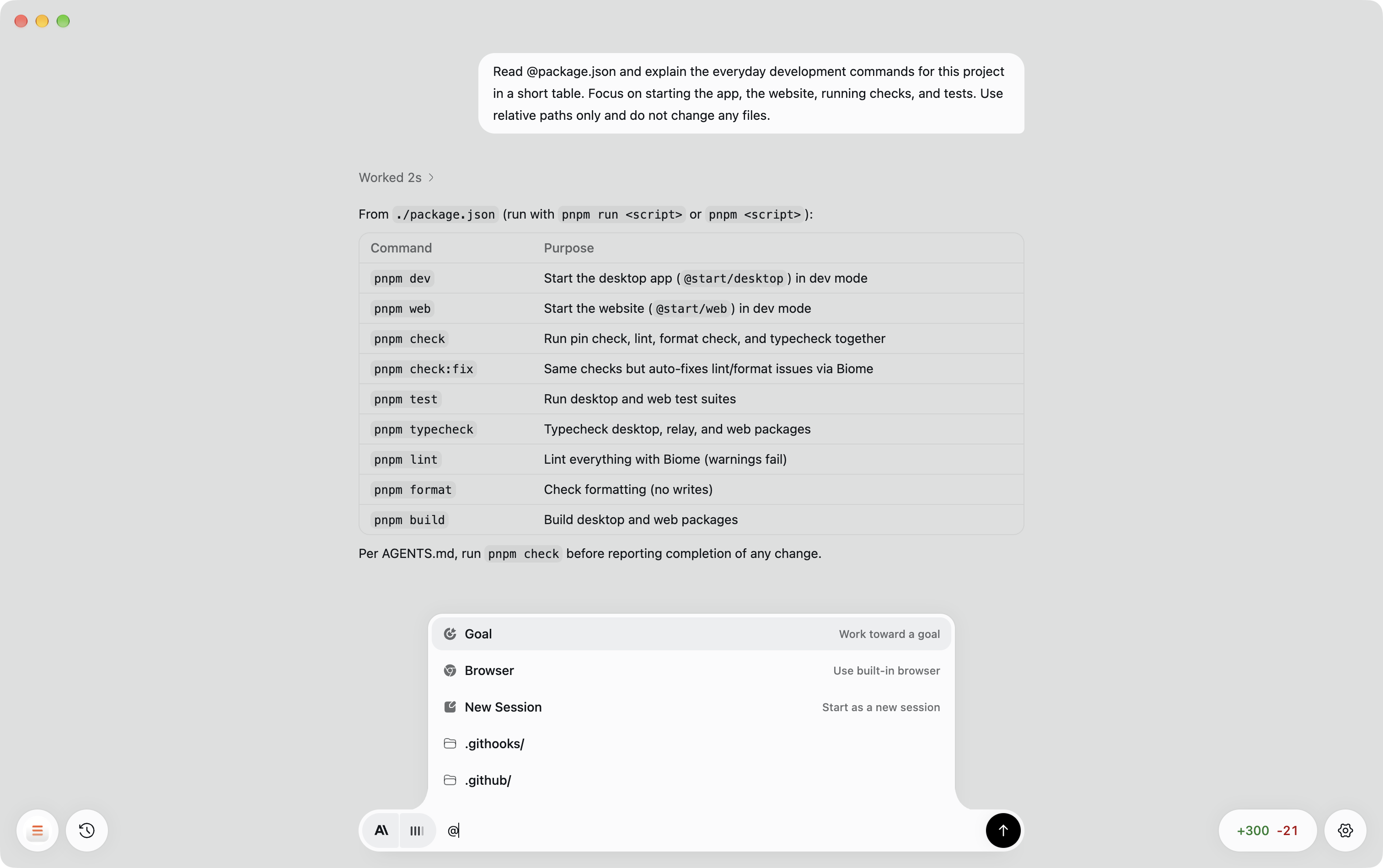 Choosing goal, browser, and new-session mentions in Start