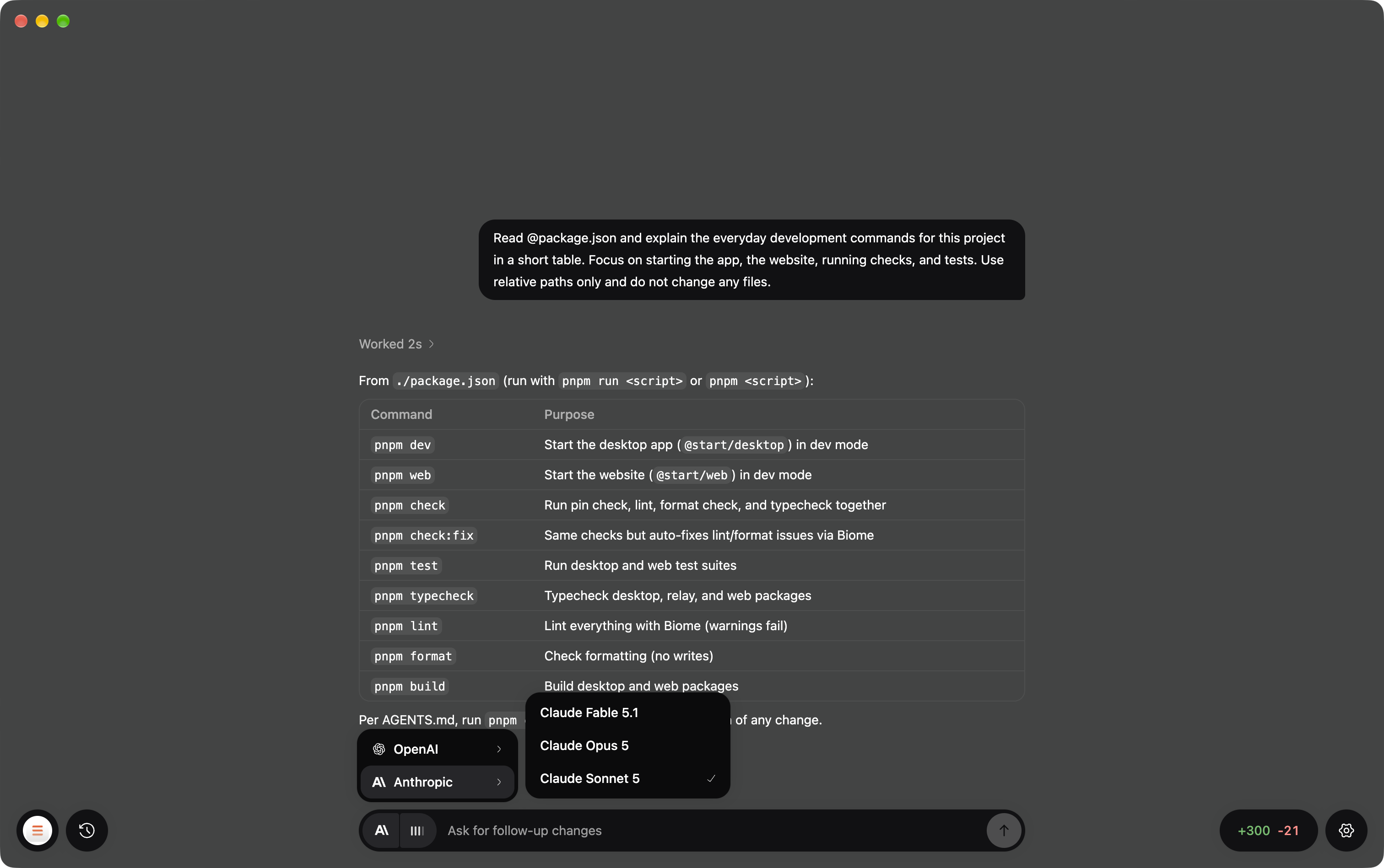 Choosing models from OpenAI and Anthropic in dark mode