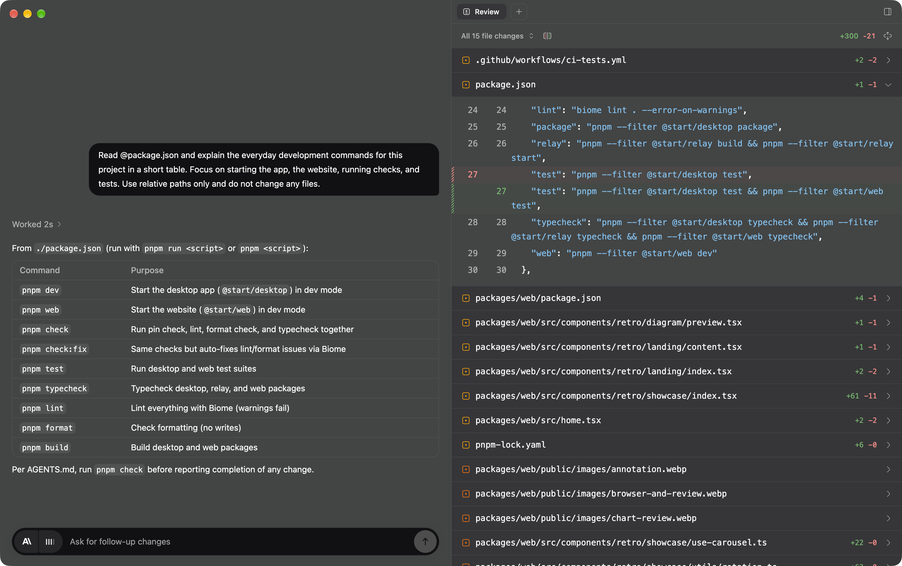 Reviewing a code diff beside a conversation in dark mode